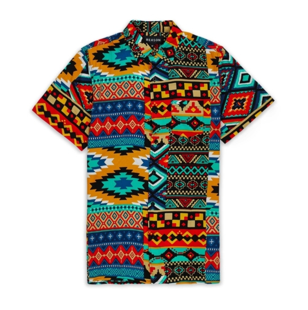 Reason Aztec Print Short Sleeve Button-Up Shirt. Large. NWT.